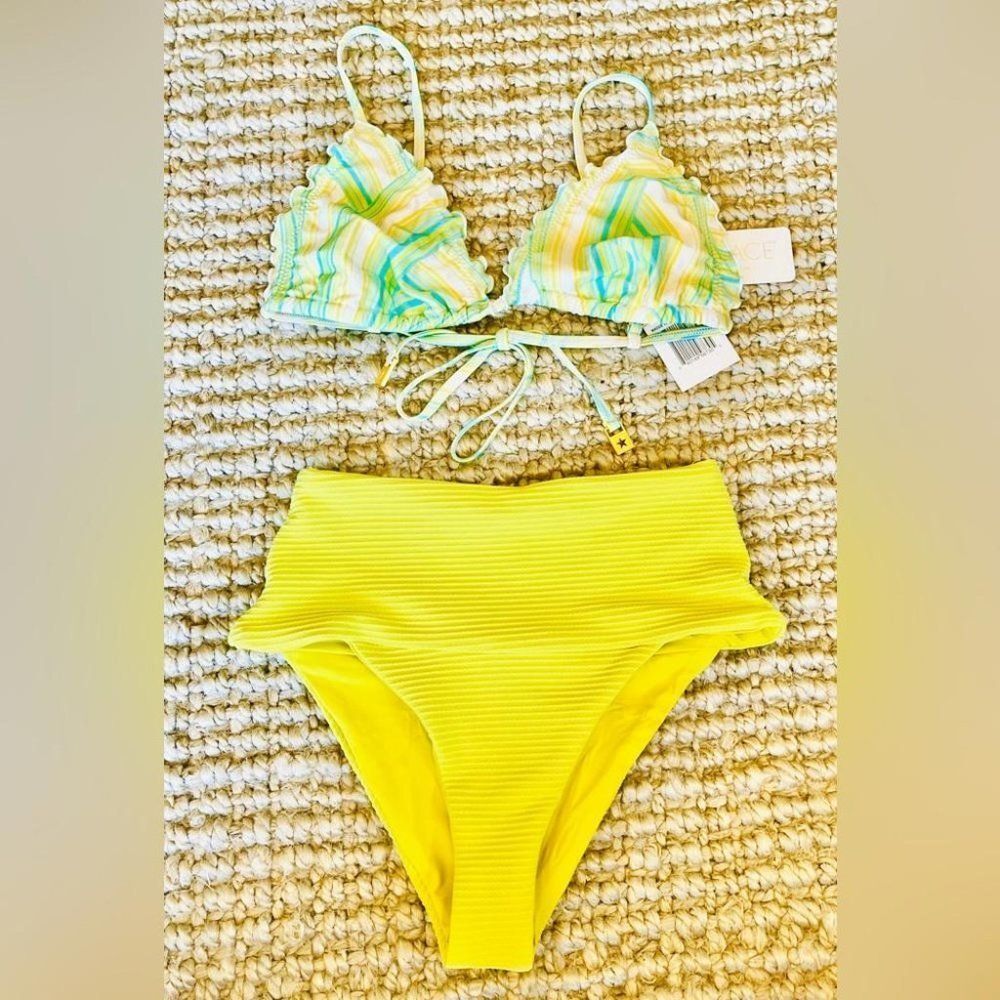l*space Yellow High-Waist Bikini Bottom & Multicolor Striped Triangle Top